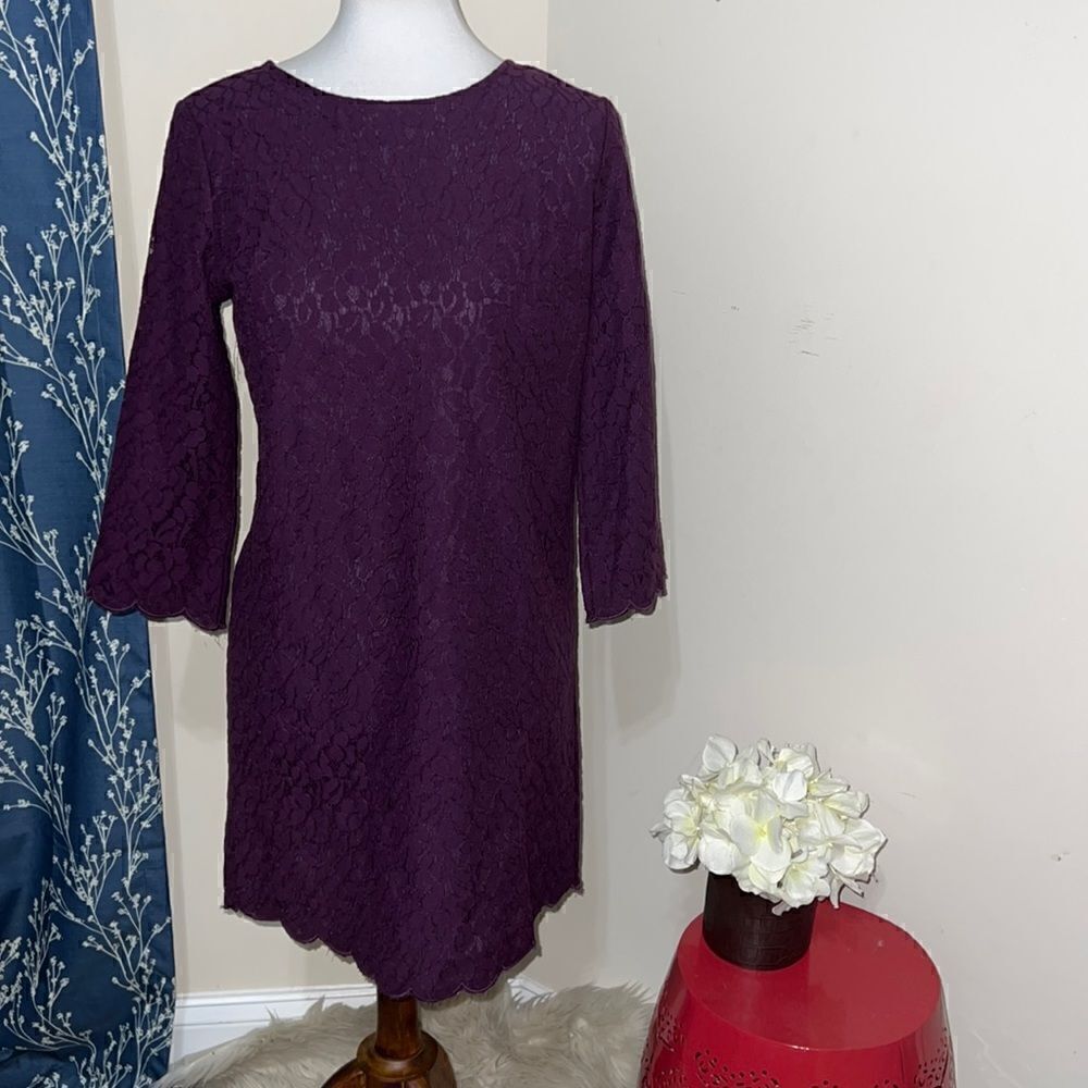 NEW Stitch Fix Crescent Halladay Scalloped Trim Shift Dress Dark Purple sz S SP